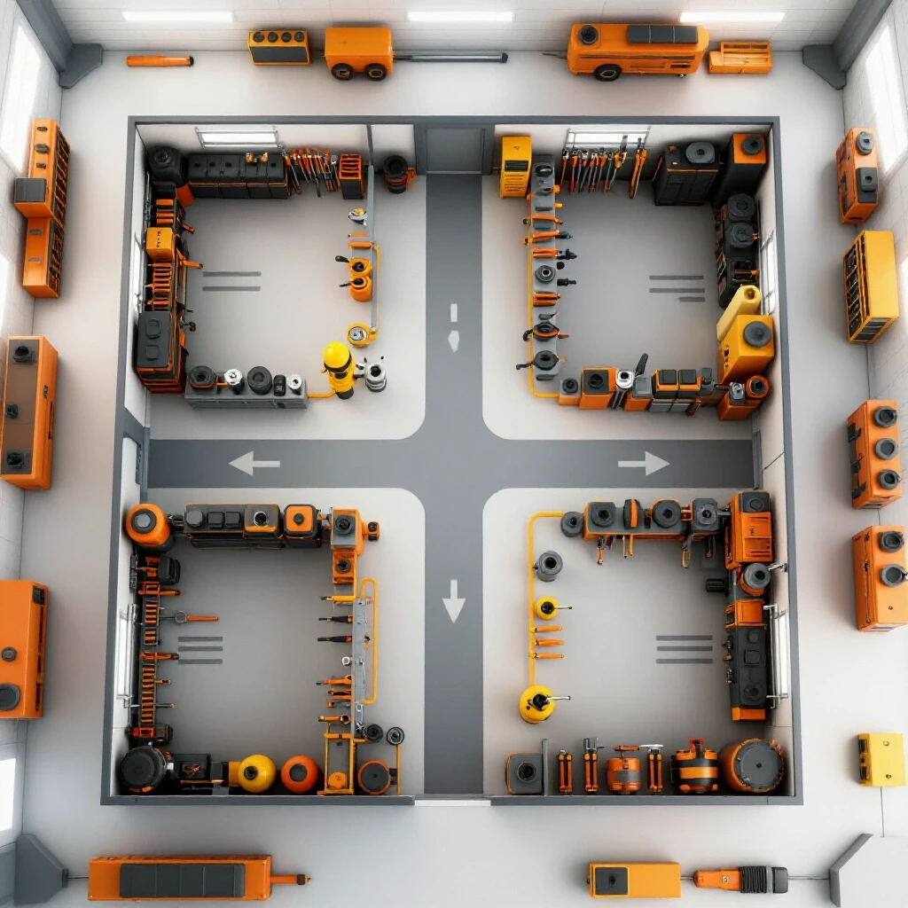 Bird's-eye view of an organized workshop floor plan with clear pathways and tools, emphasizing safety and efficiency.