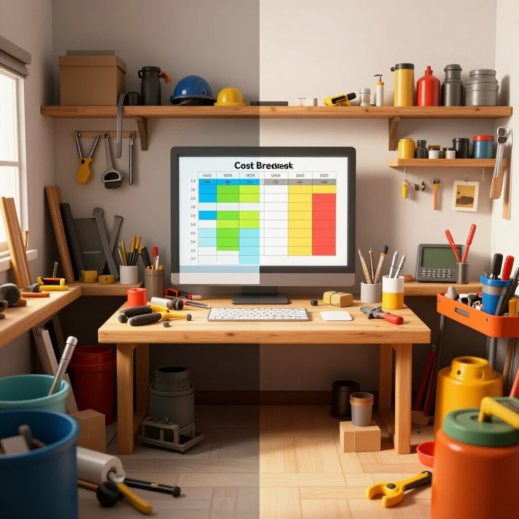 A split image showing a cluttered home workshop on one side and an organized workspace with a cost breakdown chart on the other.
