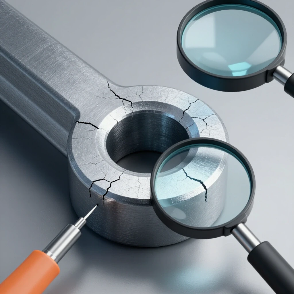 Close-up of a steel part with fatigue cracks, surrounded by tools like a magnifying glass and a welding torch in a bright setting.