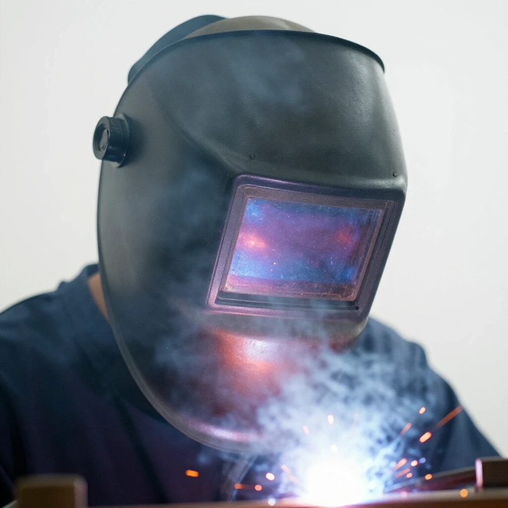 Close-up of a welder's helmet with a vibrant weld pool in the background, partially obscured by mist.