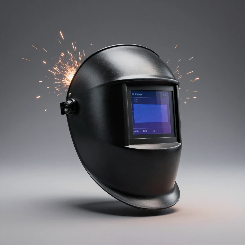 A striking comparison of a traditional welding helmet and a digital auto-darkening helmet under a bright, illuminated background.