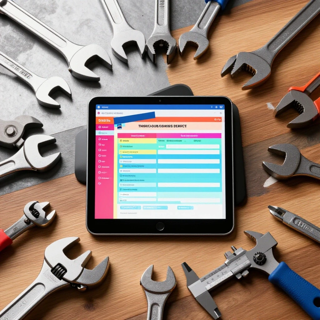 A digital tablet showcasing a job tracking sheet, surrounded by workshop tools like wrenches and calipers, on a textured background.