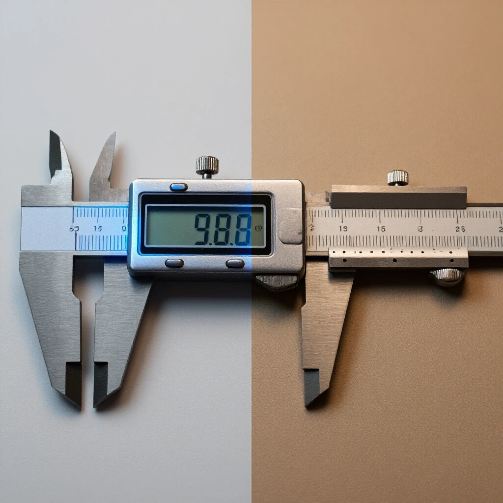 A digital caliper with smooth glass and blue light contrasts with a traditional analog caliper in warm tones against a bright background.