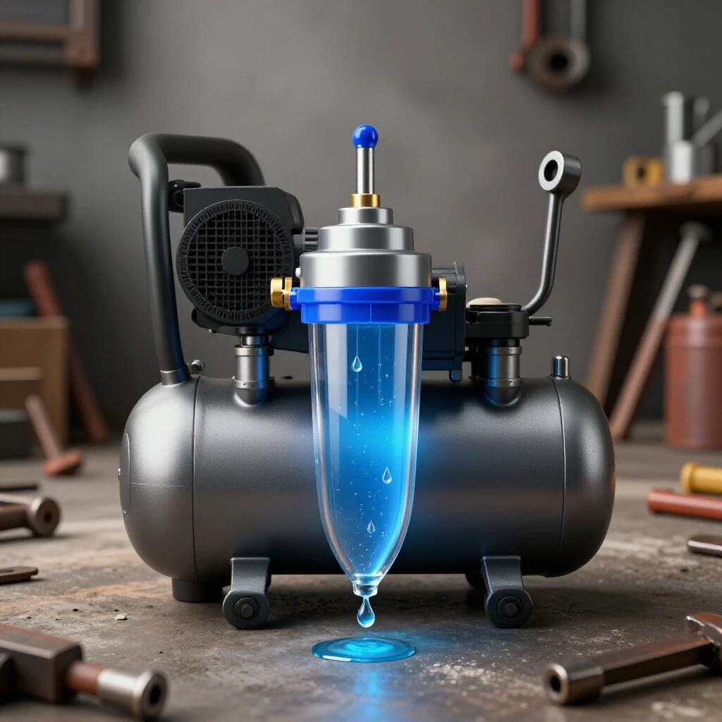 A modern air compressor with a transparent water separator in a workshop, droplets of water filtering out, surrounded by tools.