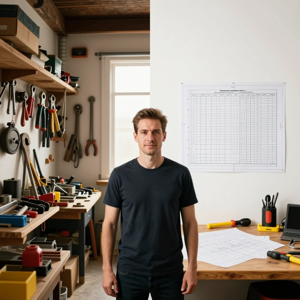 A split-image showing chaos in a metal workshop with tools on one side and organized work area with blueprints and charts on the other side.