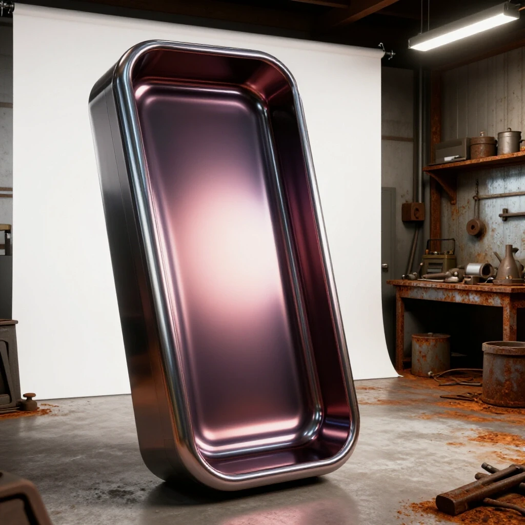 A contrasting image of a shiny metal object next to a cluttered, rusty workshop, showcasing DIY powder coating potential.