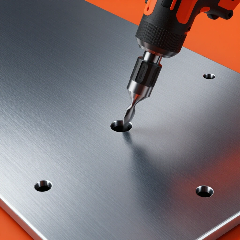 Close-up of a steel sheet with multiple aligned holes and a drill positioned at an angle, surrounded by a bright background.