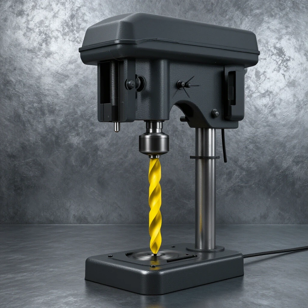 A drill press in action with a spinning yellow drill bit set against a rugged hard steel backdrop, highlighting precision and speed.