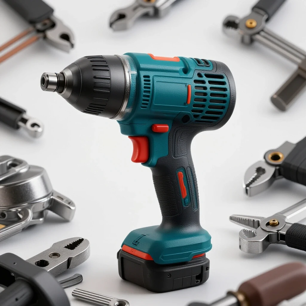 Close-up of a shiny power tool with metallic scraps in the background, emphasizing durability and affordability.