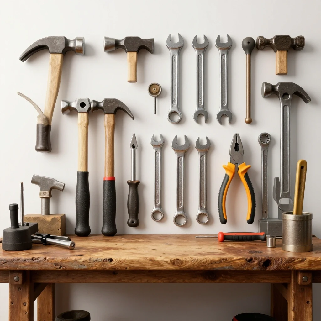 A well-worn workbench with an array of durable hand tools displayed prominently, showcasing their rugged craftsmanship.