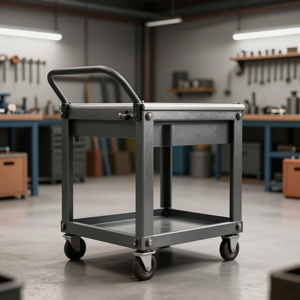 A durable industrial-style welding cart prominently featured in a vibrant workshop environment.