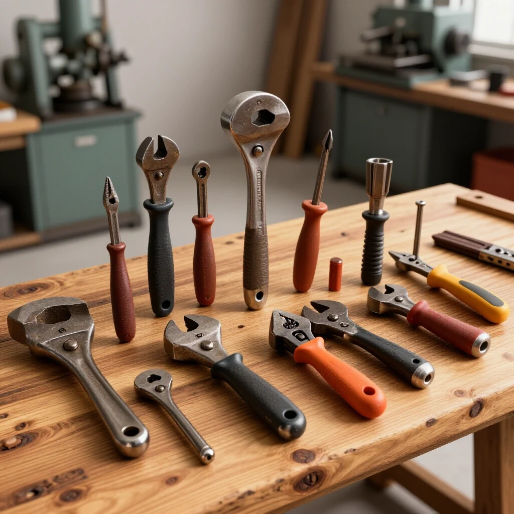 Close-up of durable metal hand tools on a rustic wooden workbench with blurred workshop background.