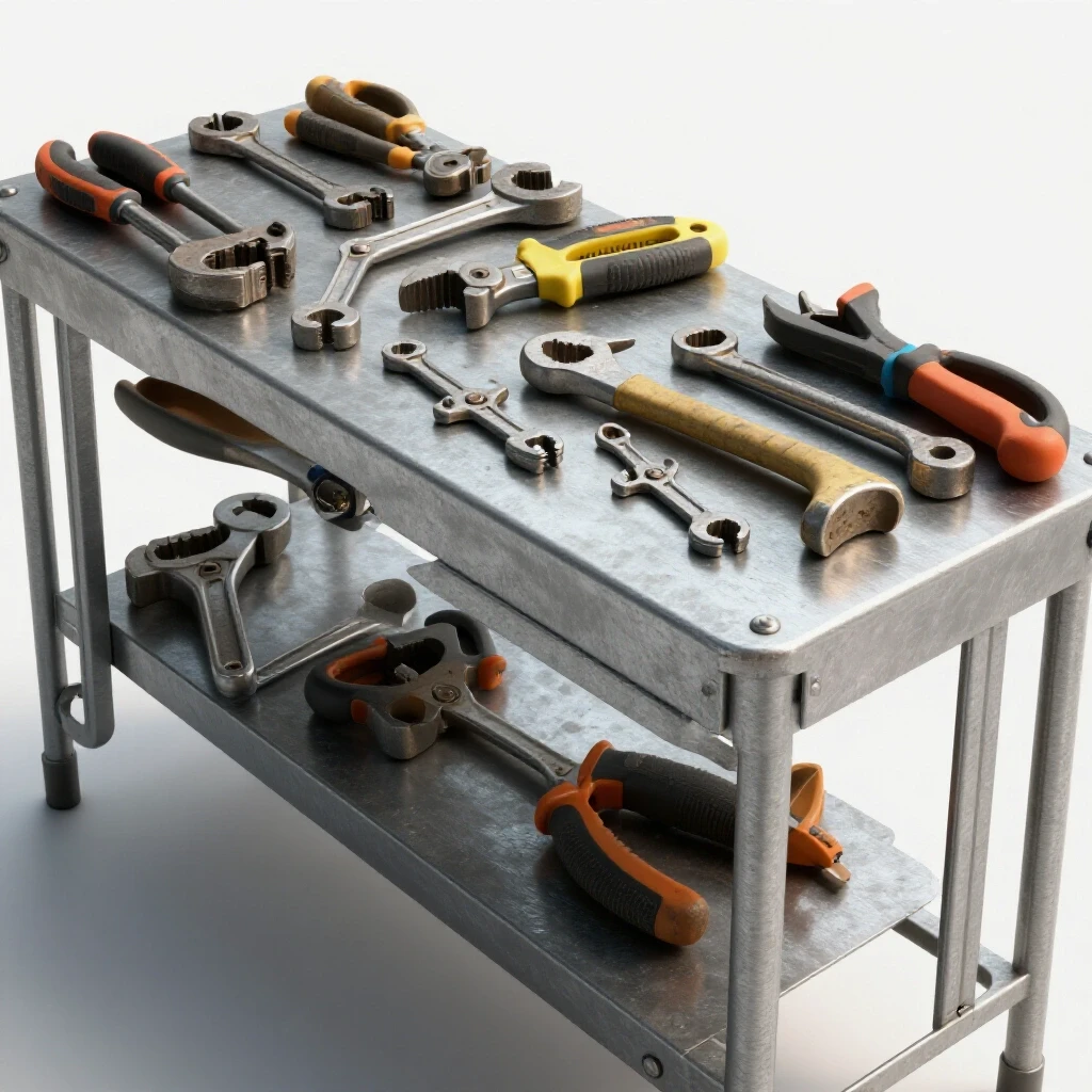A rugged metalwork bench filled with durable hand tools highlighting their wear and tear in a bright studio setting.