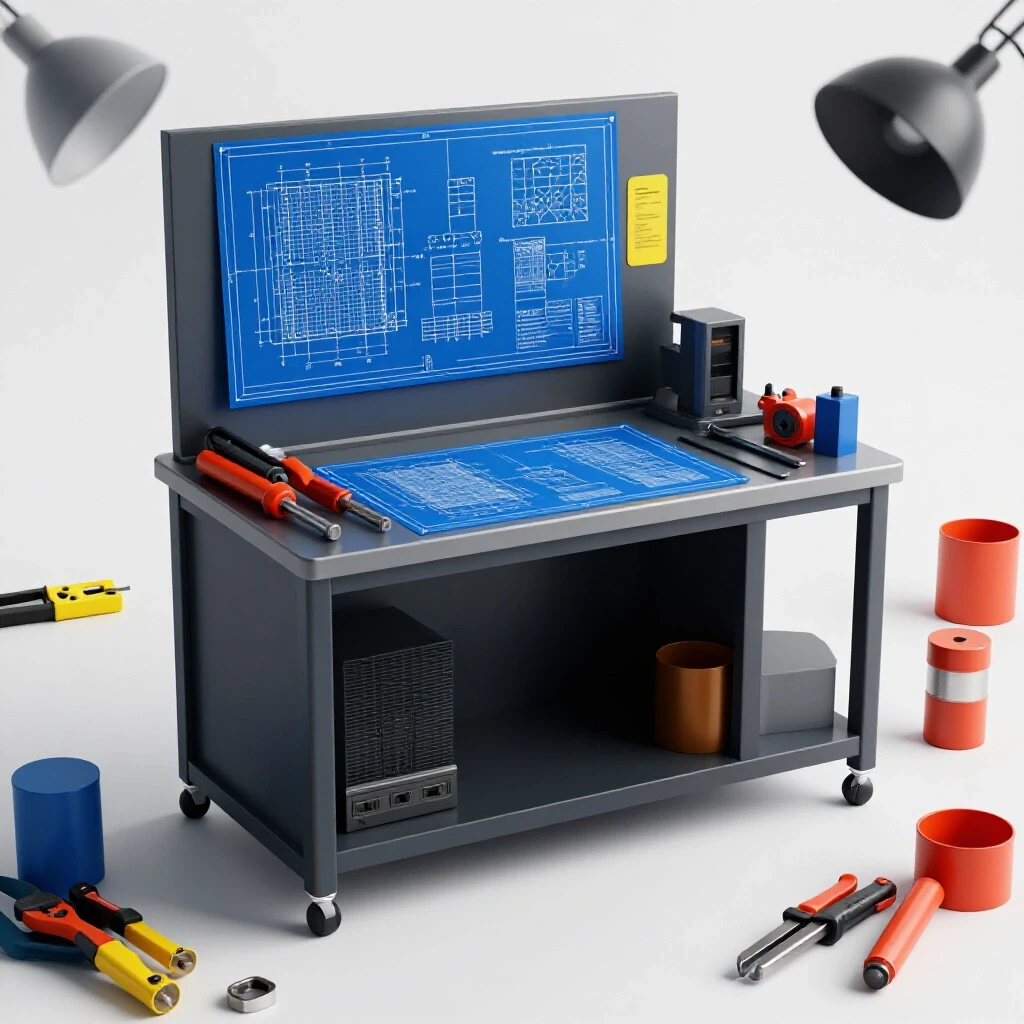 A vibrant welding workstation featuring blueprints and templates surrounded by colorful metal scraps and tools.