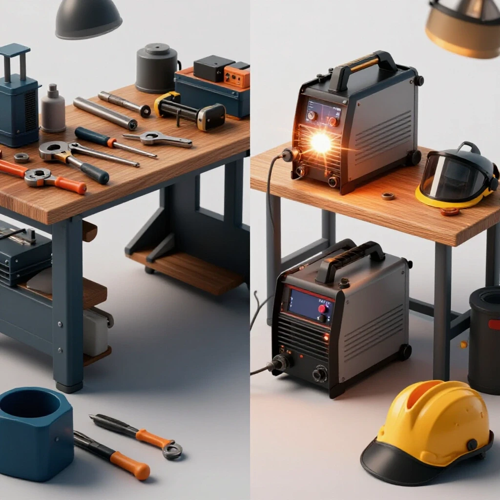A workshop scene contrasting a cluttered workbench with a sleek, upgraded workspace showcasing a welder and safety gear.