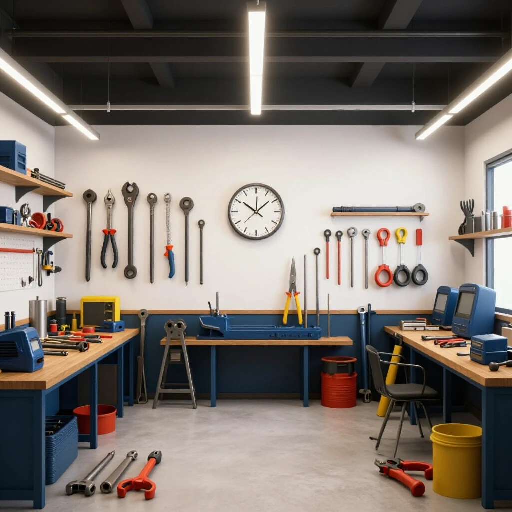 An organized welding shop layout showcasing neatly arranged tools, a clock, and bright workspace for efficiency.