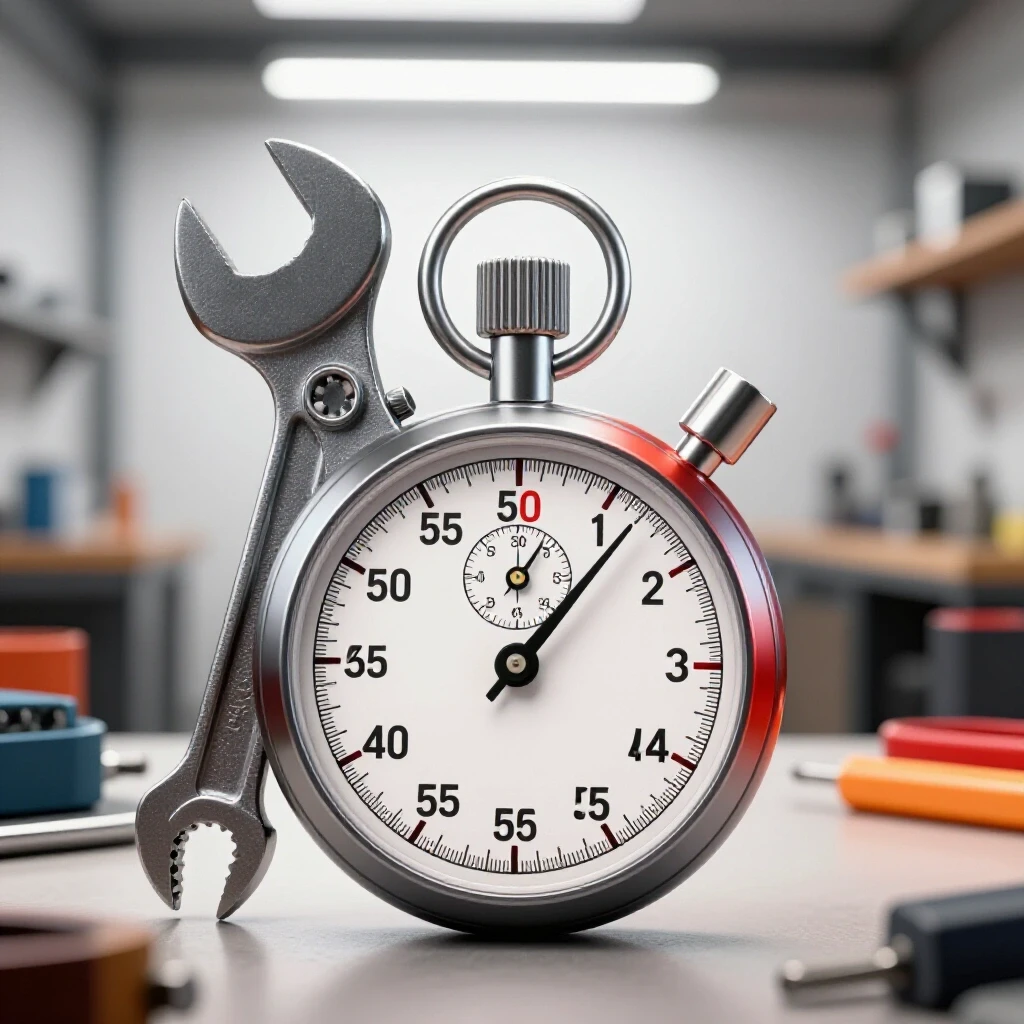 A stopwatch integrated with a wrench in a cluttered workshop, emphasizing time management in metalworking.