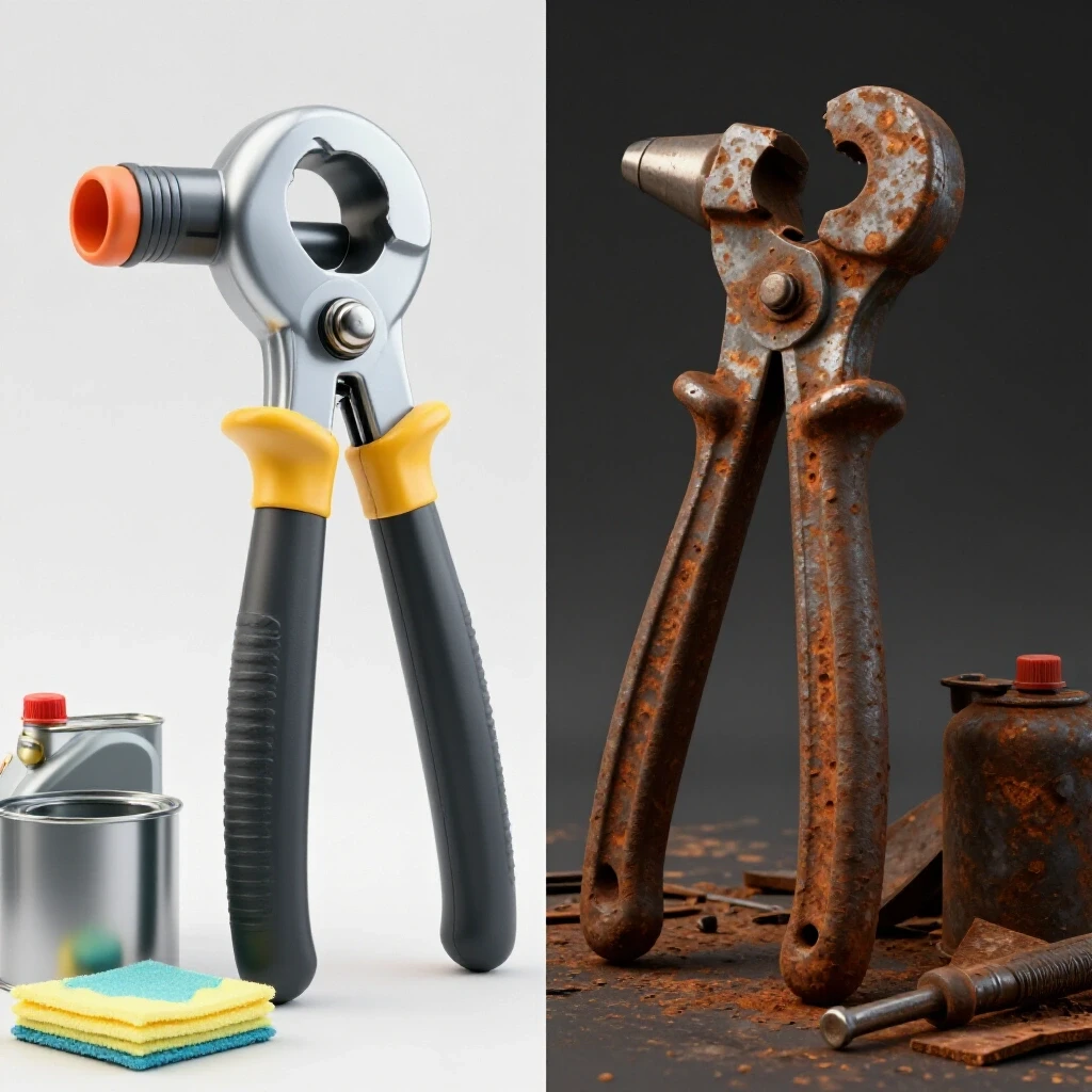 A split image showing a shiny workshop tool on a bright side and a rusty one on a dark side, with oil cans and cloths in foreground.