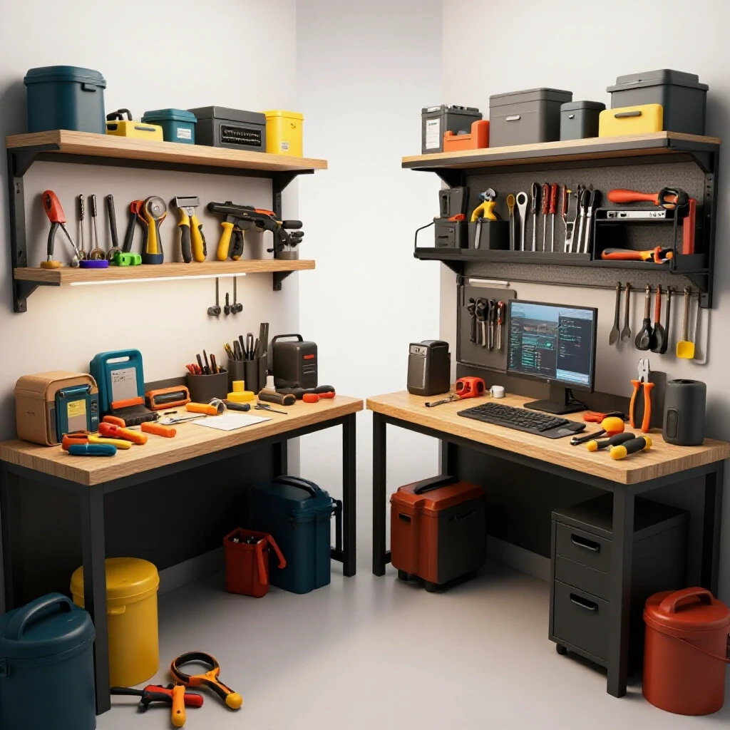 A vivid workshop scene contrasting a chaotic area with an organized workspace featuring upgraded tools and storage solutions.