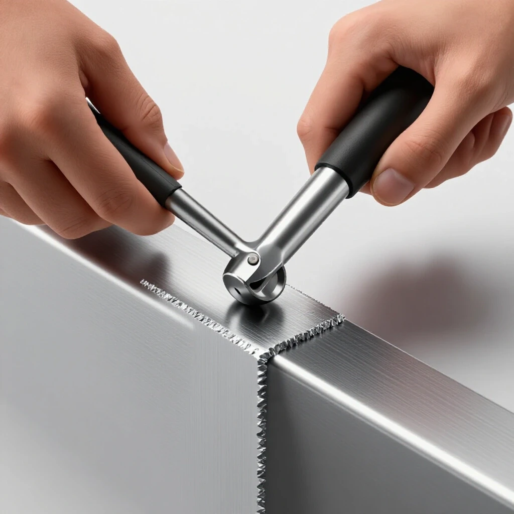 Close-up of hands using a metal deburring tool on a shiny metal edge, showcasing precision and transformation.