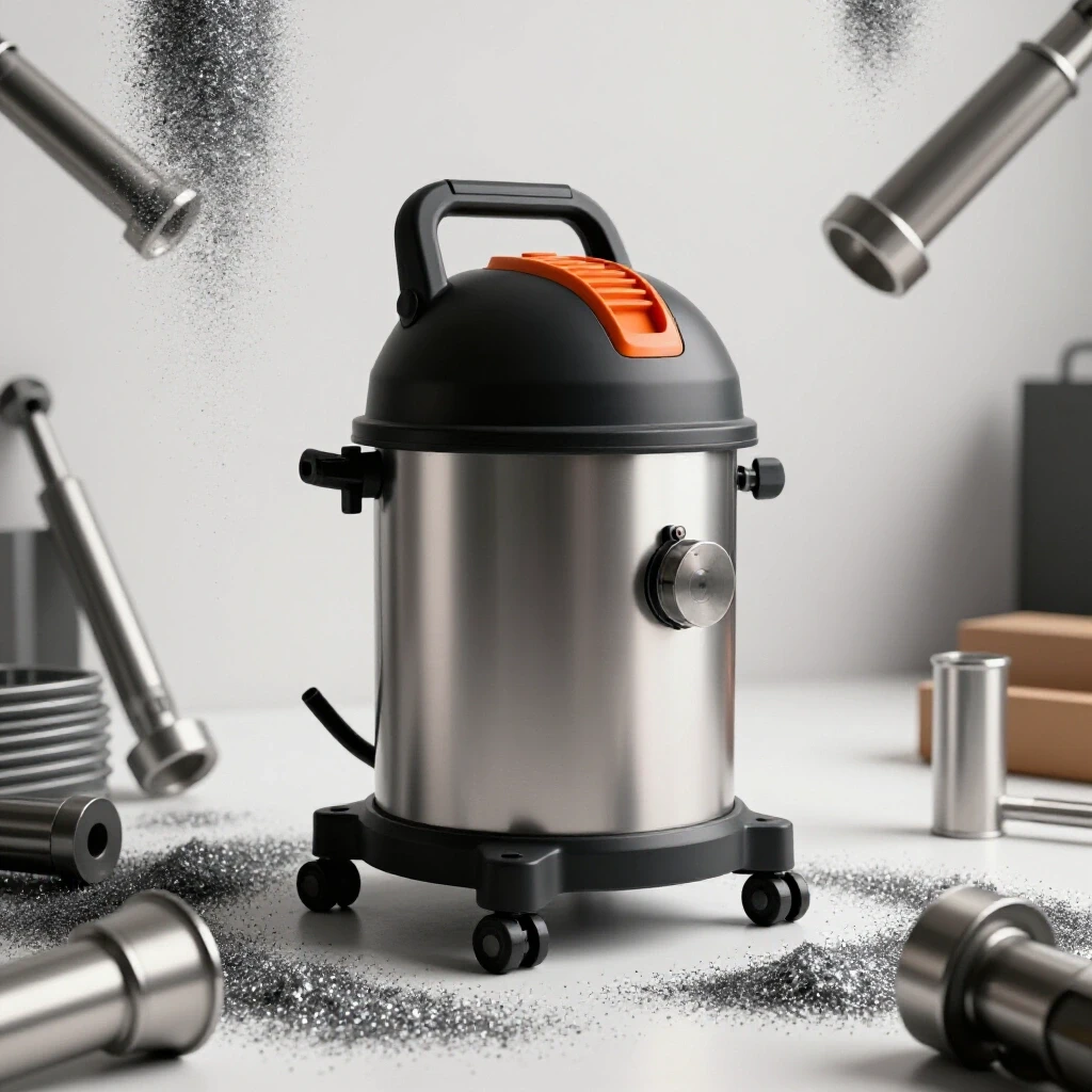 A modern dust collection system in a small workshop with metal shavings and tools, emphasizing cleanliness and efficiency.
