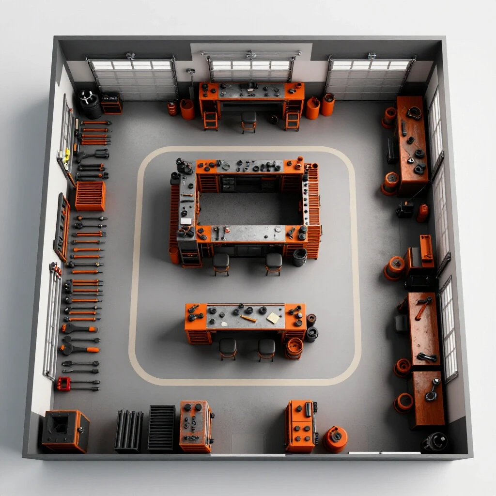Overhead view of a well-organized garage workshop layout with distinct zones for tools and workspaces.