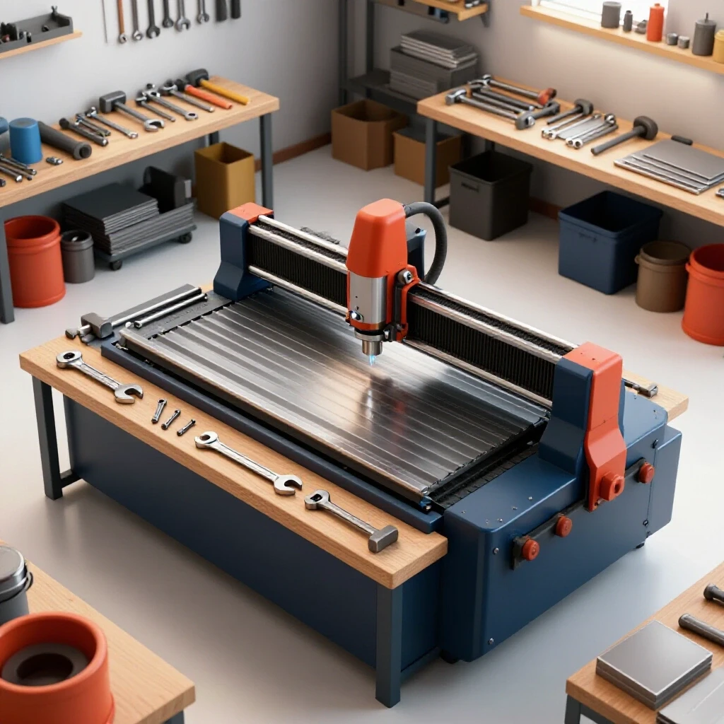 A bright, organized metalworking workshop featuring a central CNC plasma cutter, surrounded by neatly arranged tools and contrasting chaotic elements.