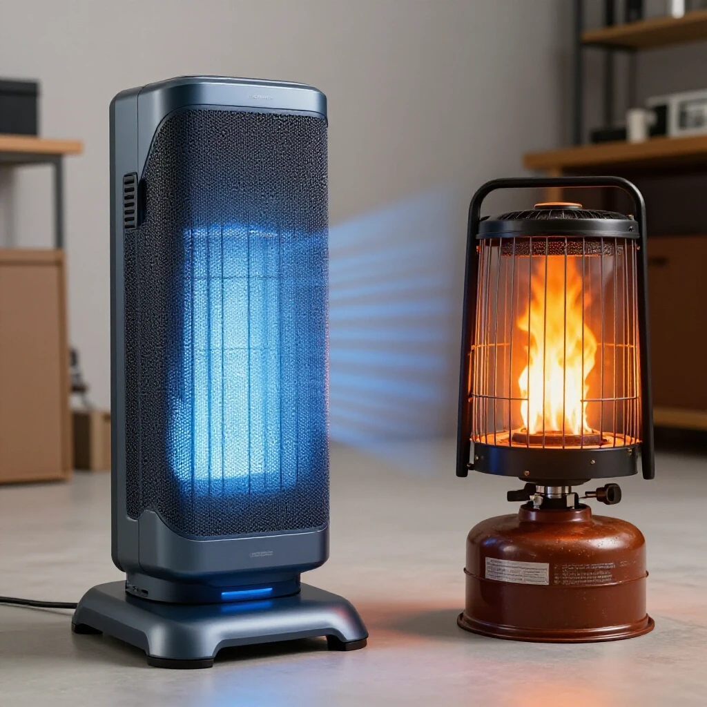 A split image showing a modern electric heater emitting blue light on one side and a rugged propane heater with orange flames on the other, set in a workshop background.