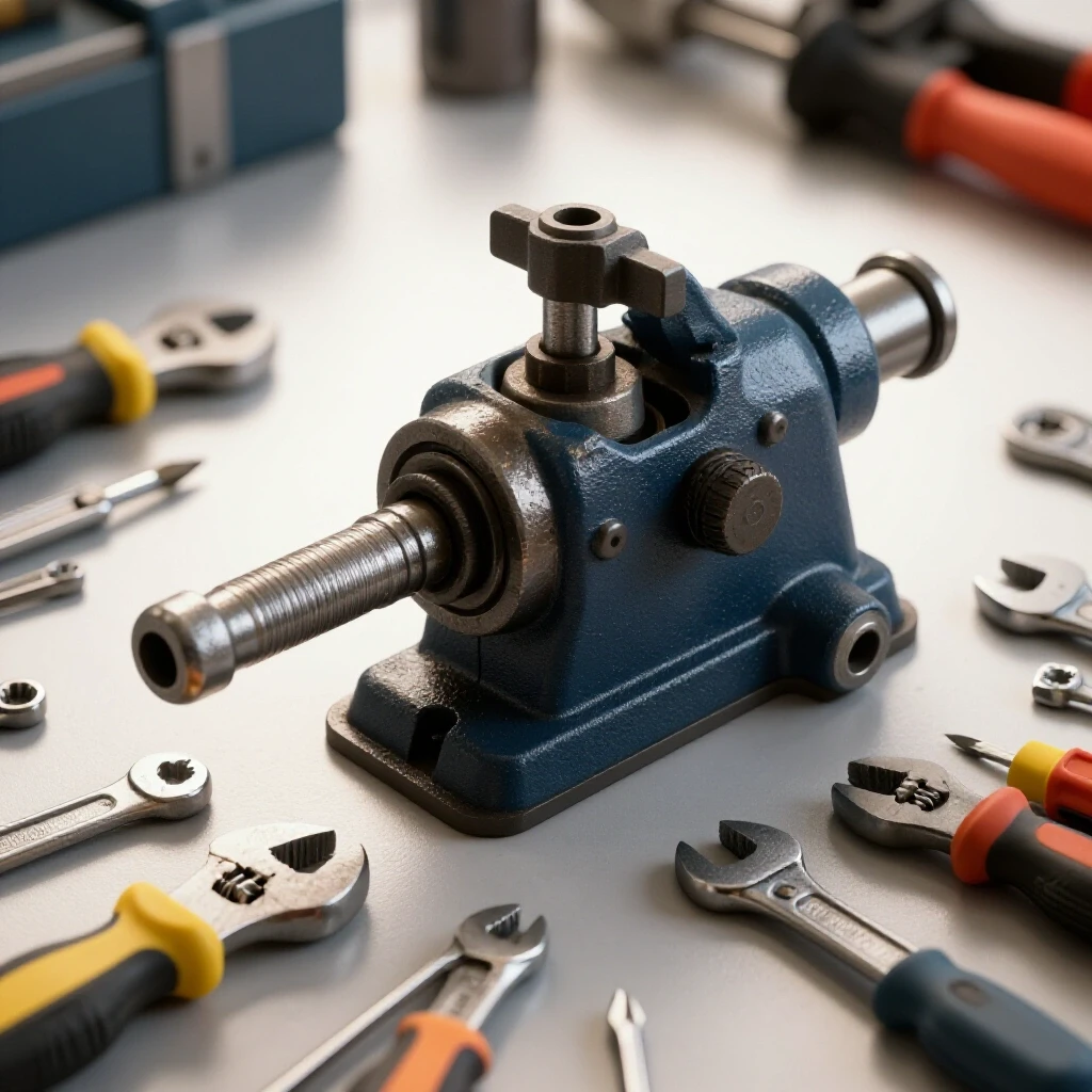 Close-up of a well-worn machine tool on a workbench surrounded by essential repair tools, highlighting textures and craftsmanship.