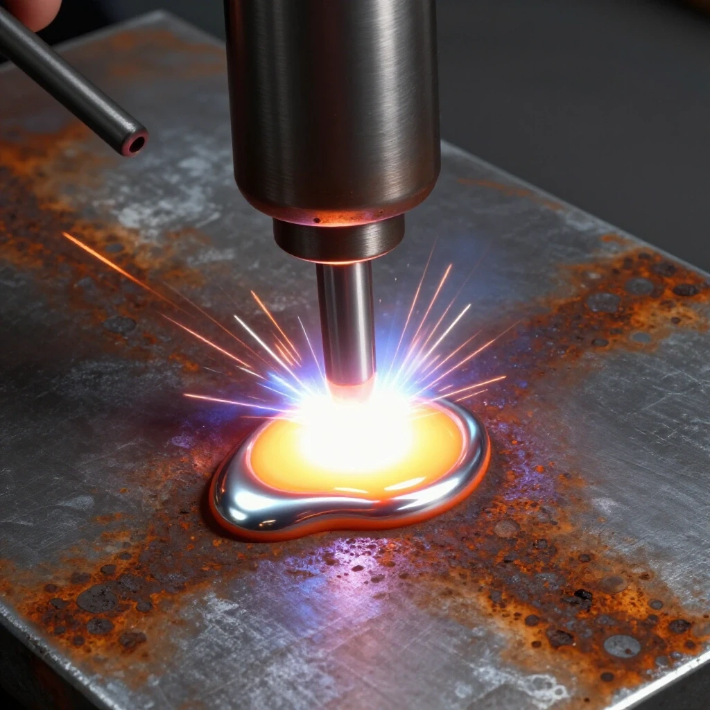 Close-up of molten metal welding onto rusty steel, showcasing vibrant colors and textures.