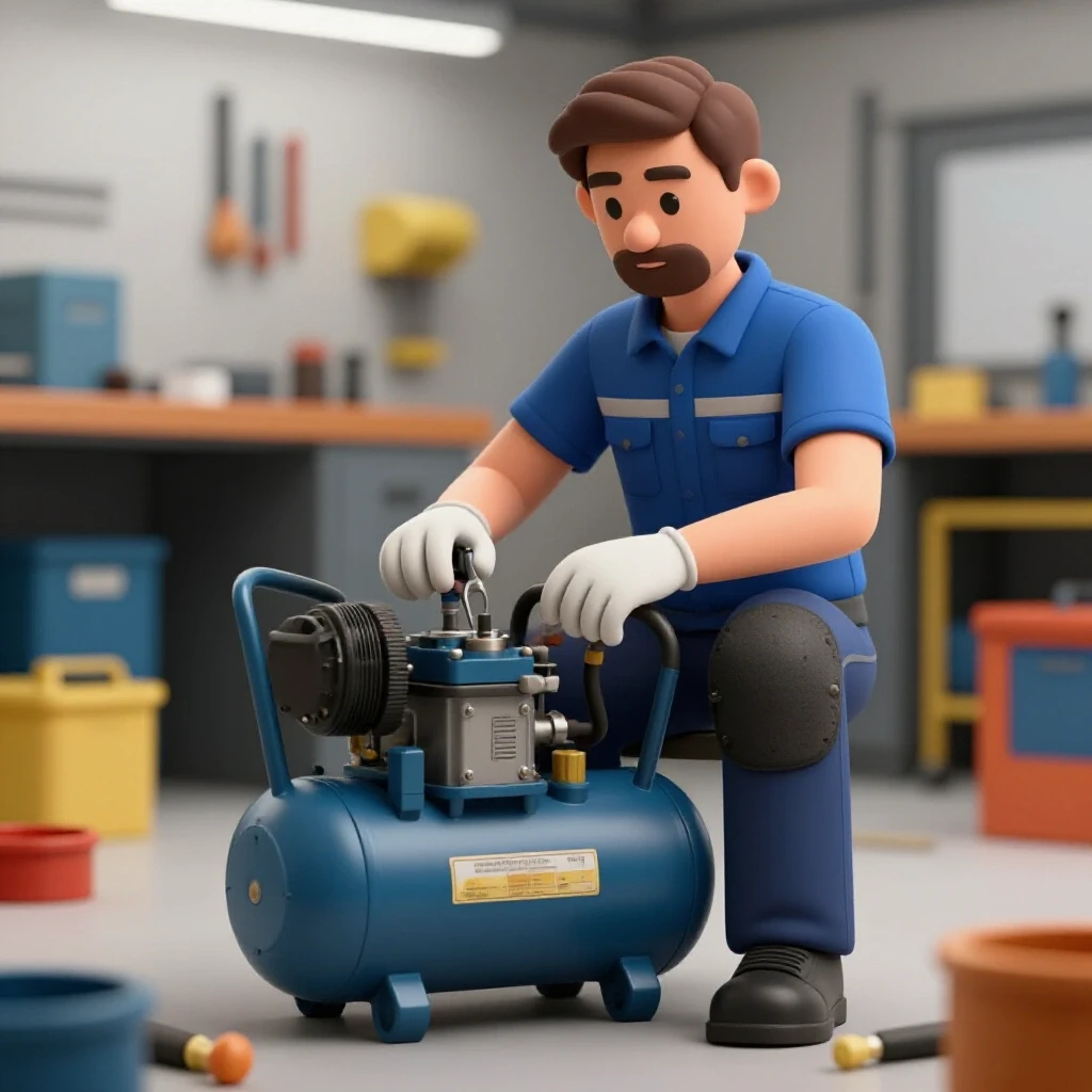 A technician working on an air compressor with ergonomic tools and knee pads in a vibrant workshop setting.