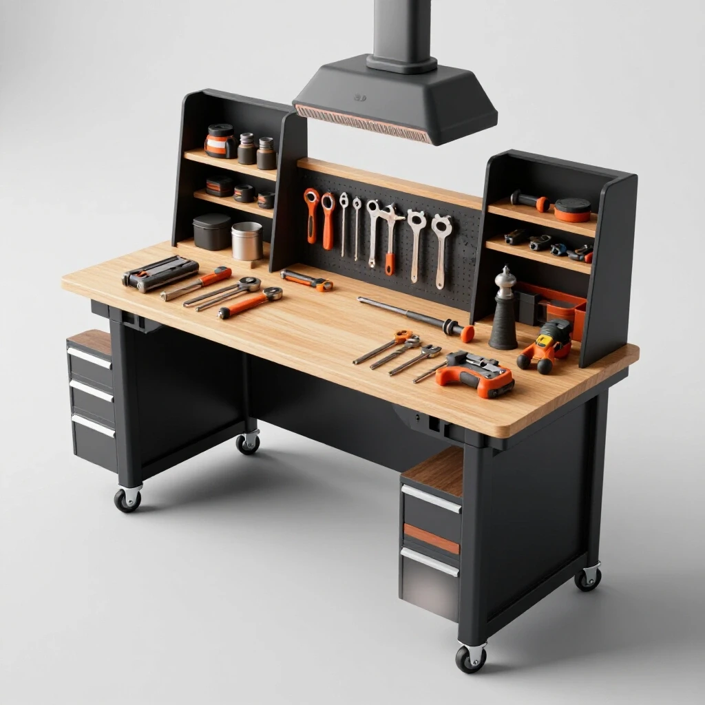 Modern ergonomic workshop with a well-organized workbench and innovative storage solutions designed for comfort and efficiency