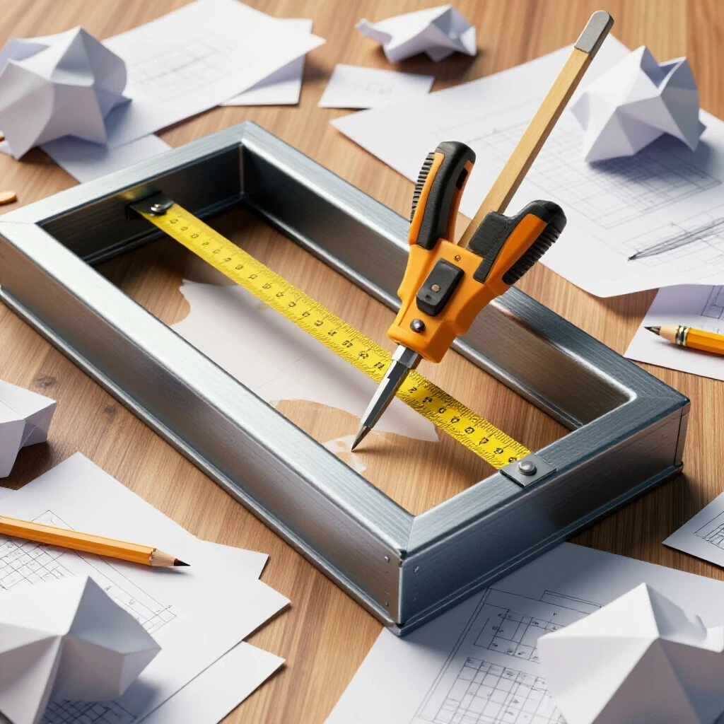 Close-up of a steel frame being measured with precision tools surrounded by crumpled paper and sketches, symbolizing clarity in metalworking.