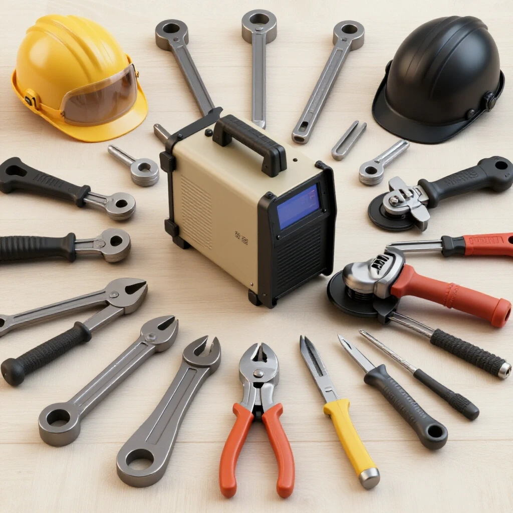 A flat lay of metal fabrication tools including a welding machine and angle grinder on a clean background.