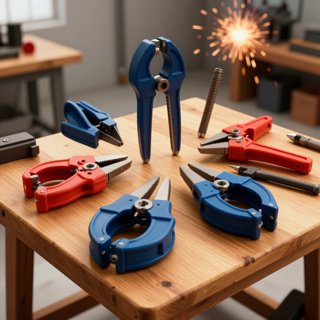 A dynamic composition of various clamping tools on a rustic wooden workbench with welding sparks in the background.