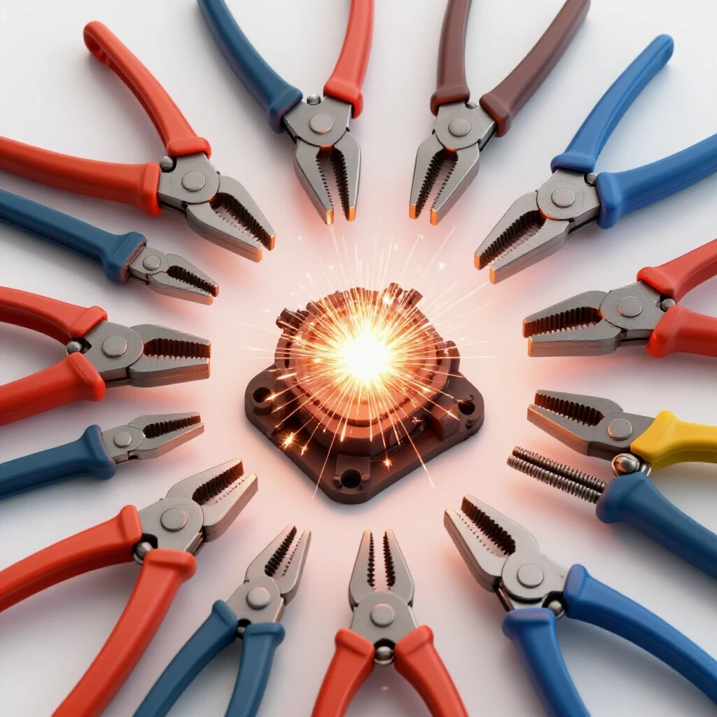 A dynamic arrangement of various clamps surrounding a central welding project with vivid metallic textures and welding sparks.