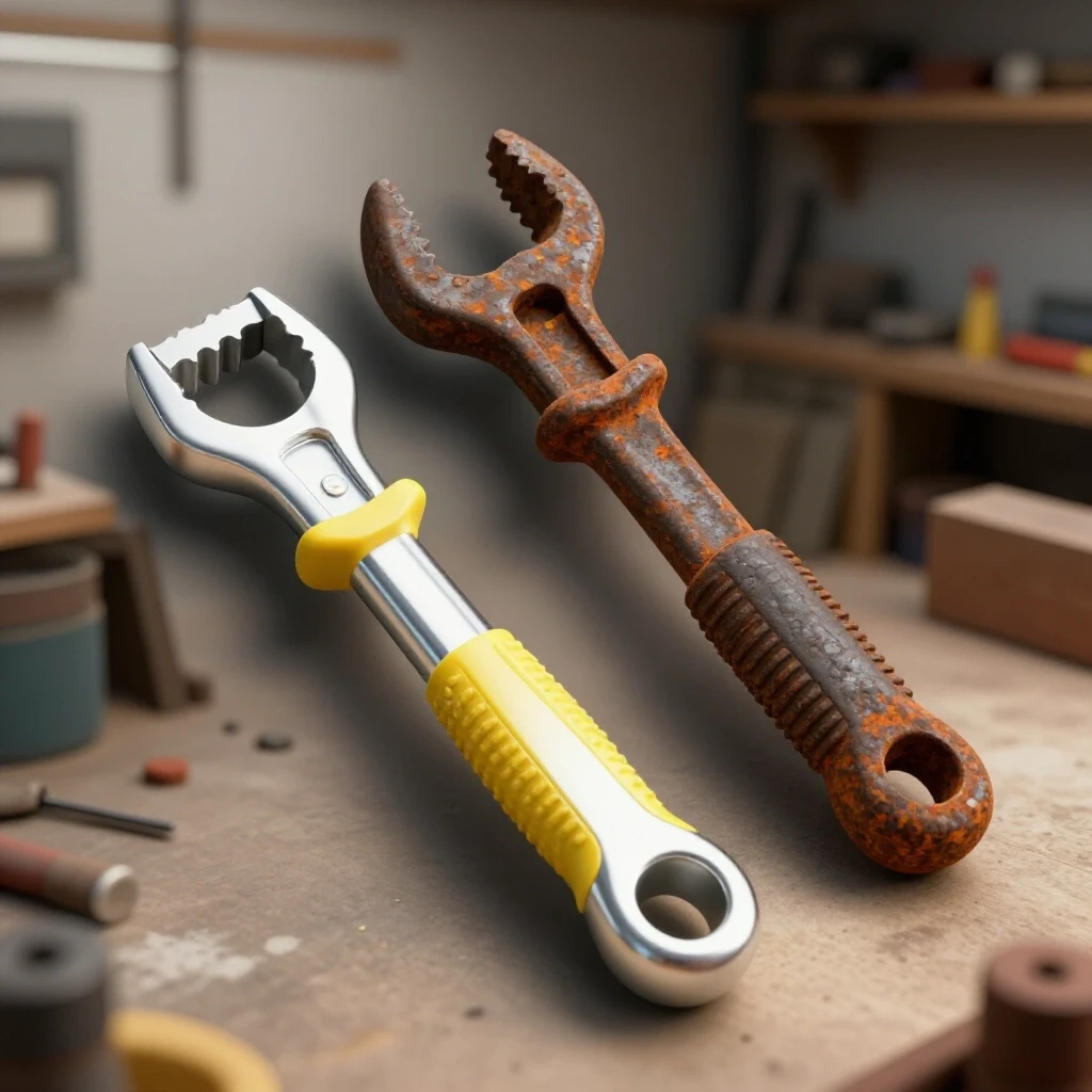A broken shop tool contrasted with a shiny, functional tool set in a cluttered workshop, symbolizing restoration.