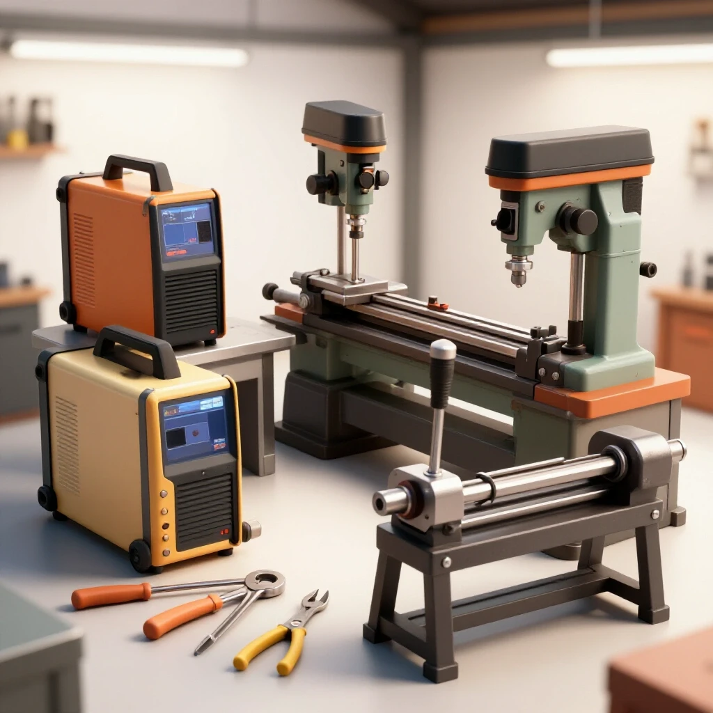 A bright metal shop workspace featuring a welding machine, metal lathe, and drill press arranged in a semi-circle.