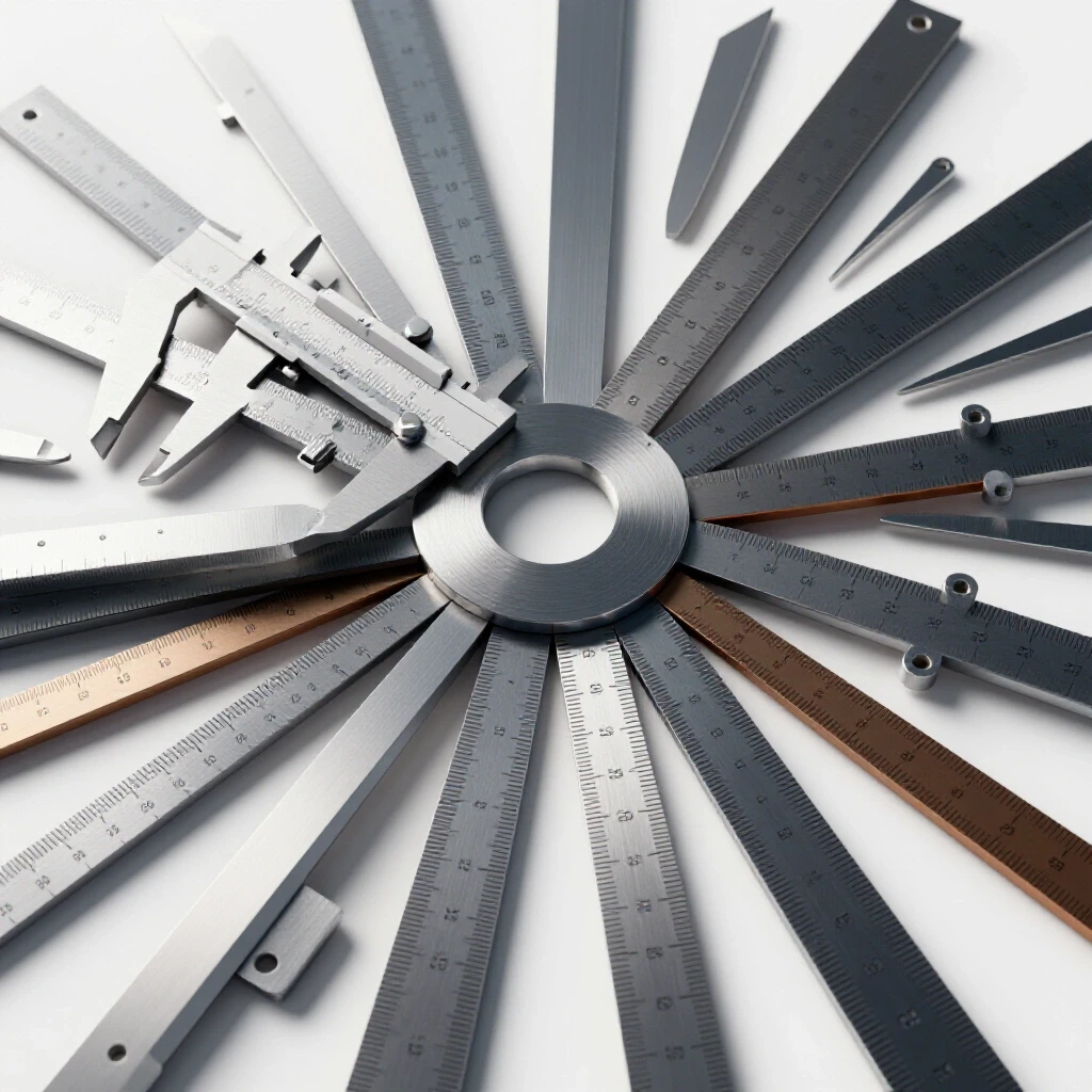 A vibrant display of layout tools including calipers, squares, and rulers arranged around a detailed metal project, showcasing precision in metalworking.
