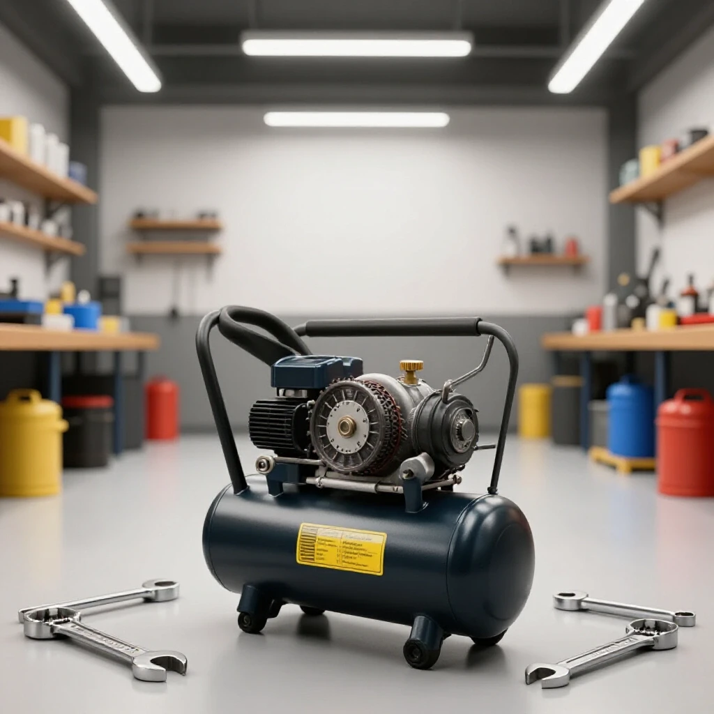 A well-maintained air compressor surrounded by essential tools in a bright, organized workshop setting.
