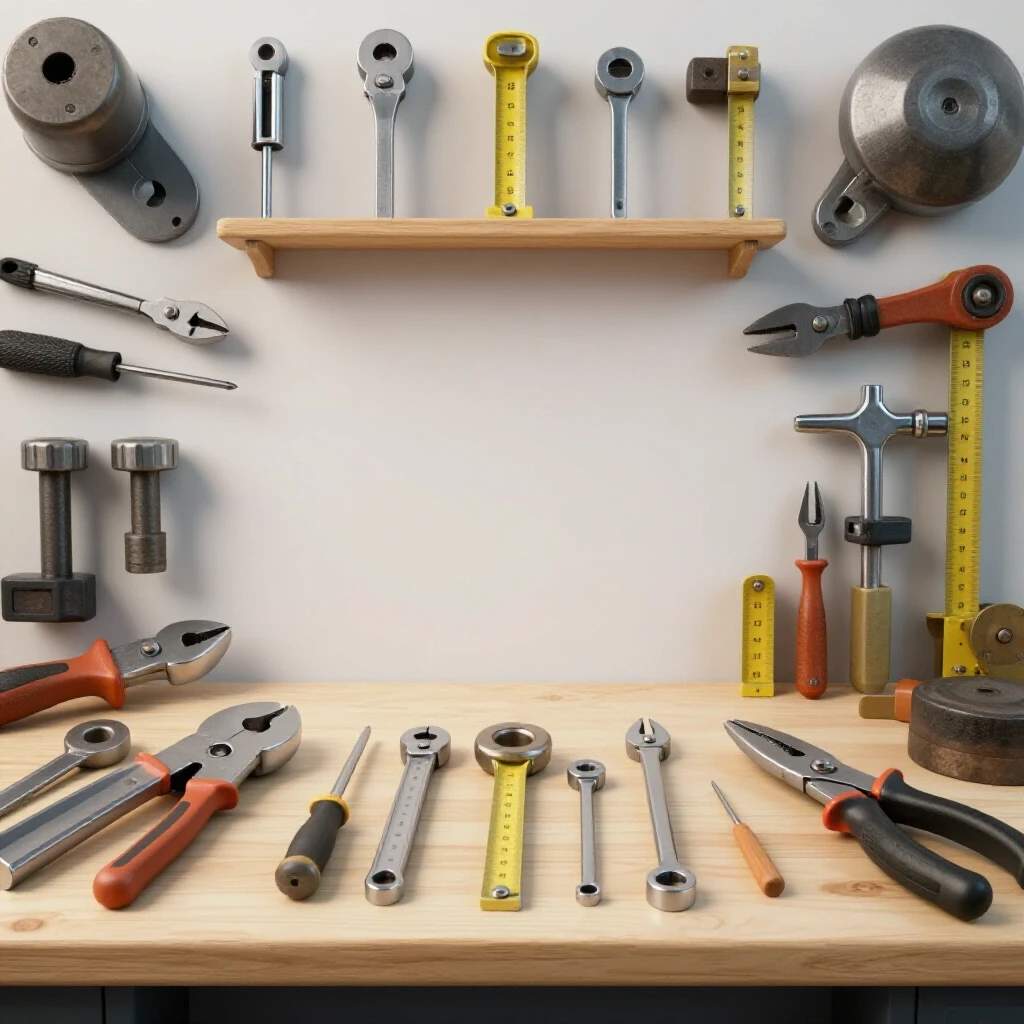 A well-organized workbench showcasing essential metal fabrication tools in a bright, clean setting.