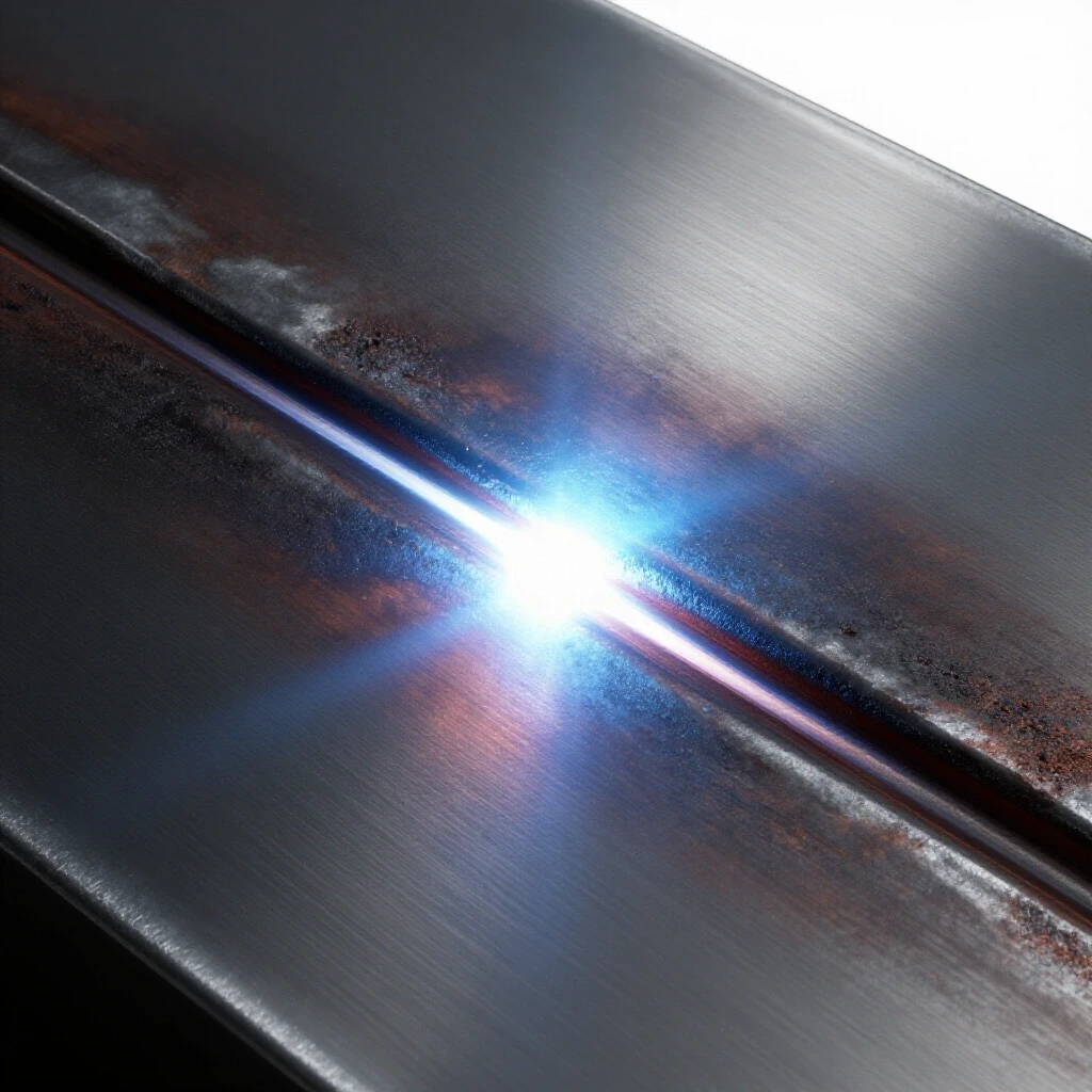 Close-up view of a metallic weld seam illuminated by bright light, surrounded by dark rough textures, highlighting metal preparation for welding.