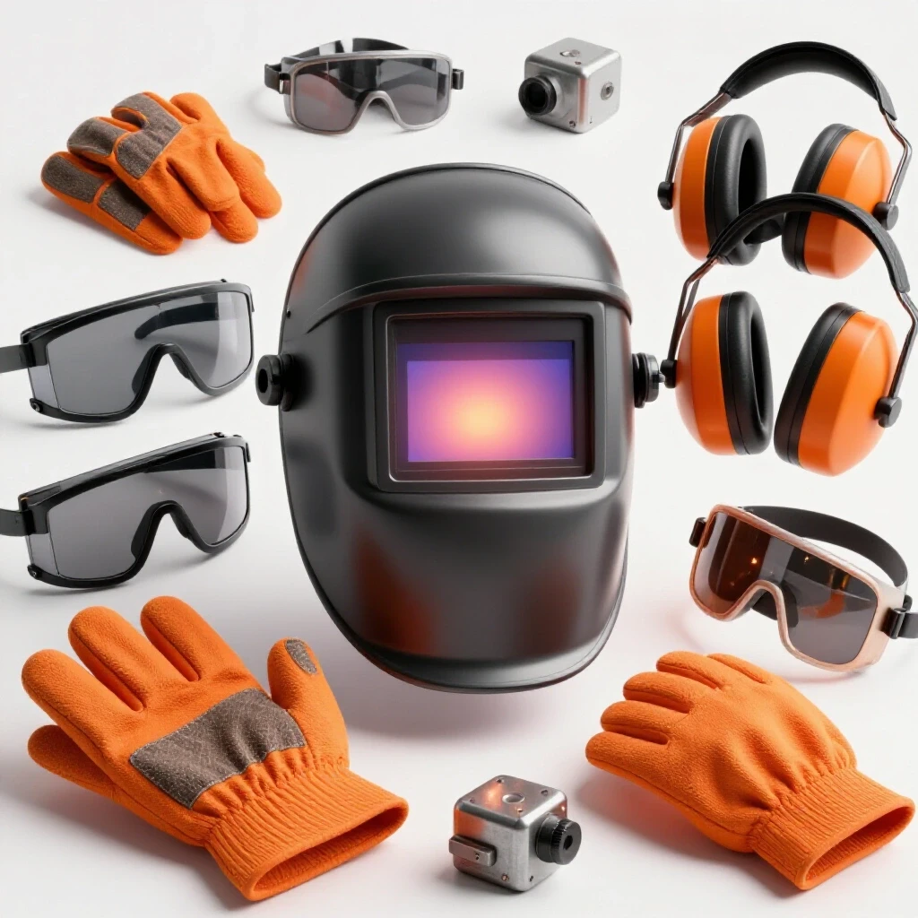 A dynamic arrangement of metalworking safety gear with a glowing welding helmet, showcasing vibrant colors and spark reflections.