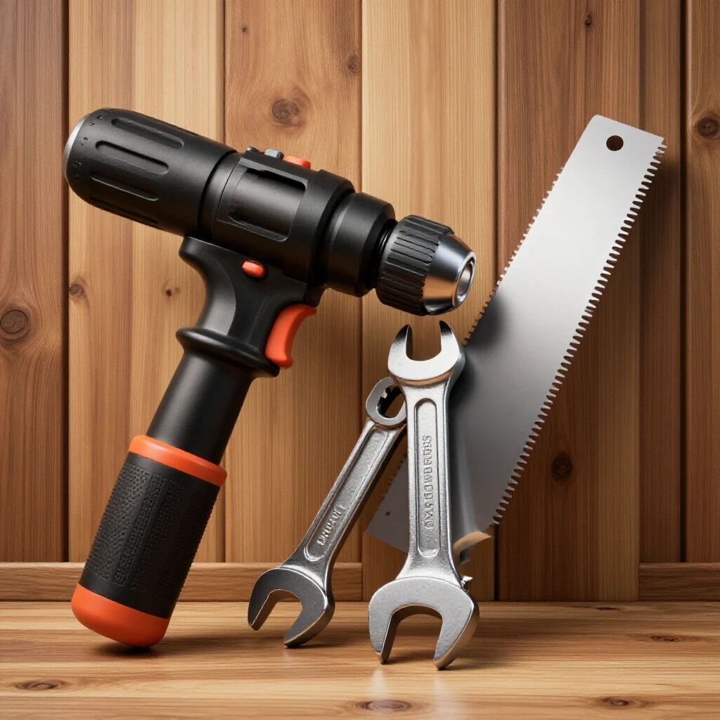 A close-up of high-quality metalworking tools like a drill and wrench on rustic wood, showcasing craftsmanship.