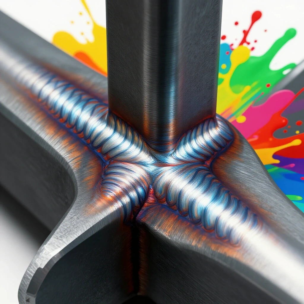 Close-up of a meticulously inspected welded joint with vibrant paint splashes in the background, highlighting surface integrity.