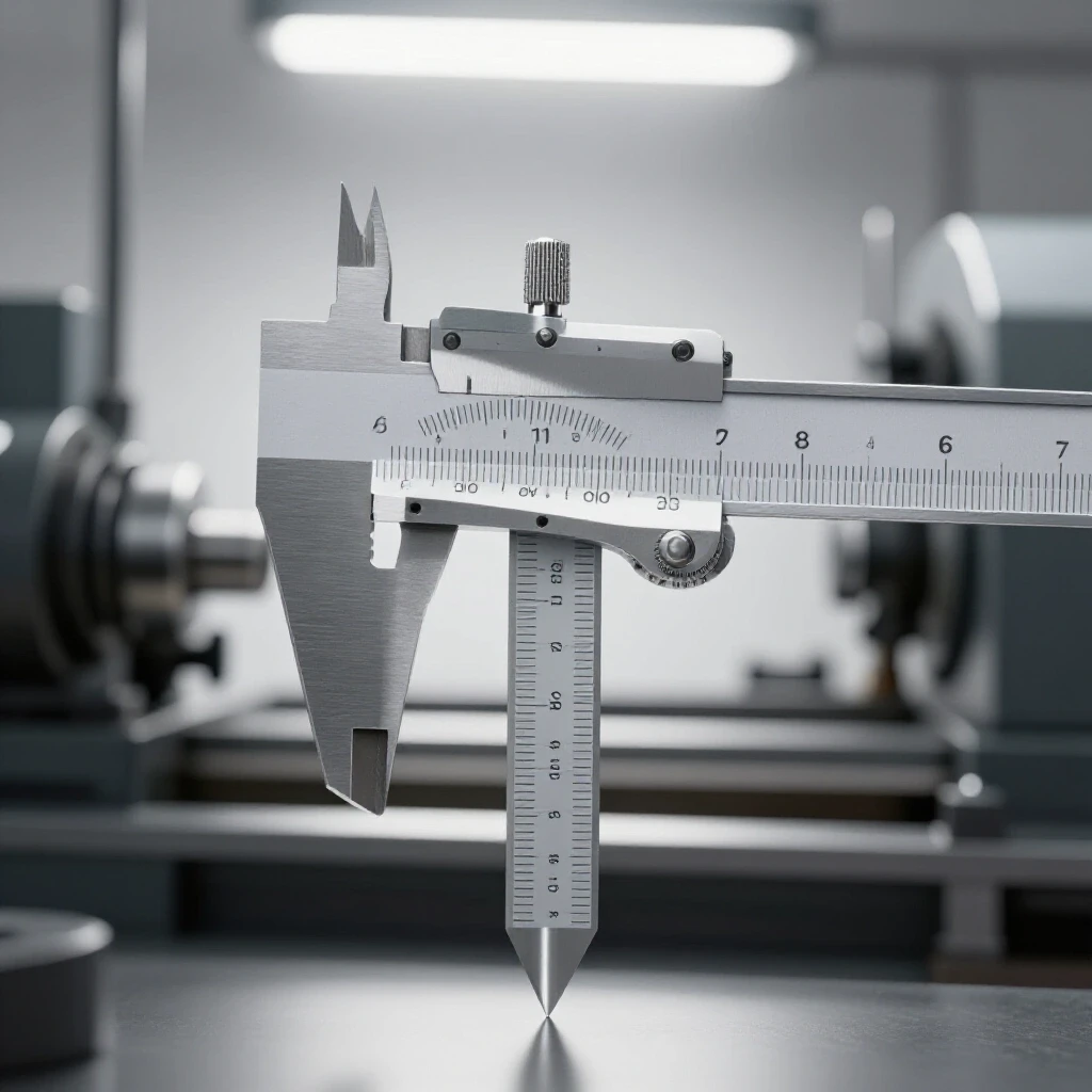 Close-up of a precision measuring tool with a blurred metal lathe in the background, showcasing craftsmanship and accuracy.