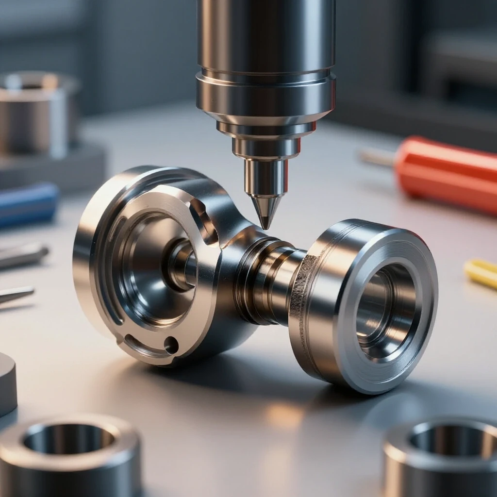 Close-up of a craftsman inspecting precision metal parts to highlight quality control checks in custom fabrication.