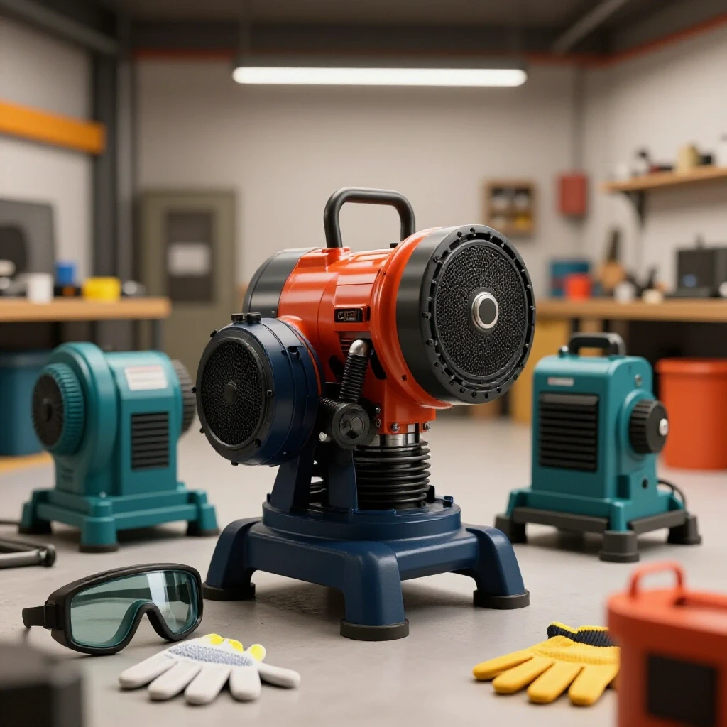 A well-organized workshop with power machinery, goggles, and gloves emphasizing safety checks against a blurred chaotic background.