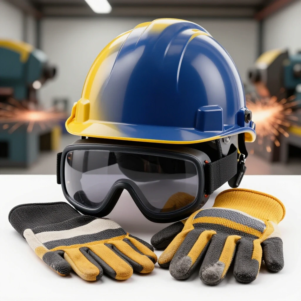 Display of essential safety gear including helmet, goggles, and gloves against a brightly lit backdrop of a blurred grinding workshop.