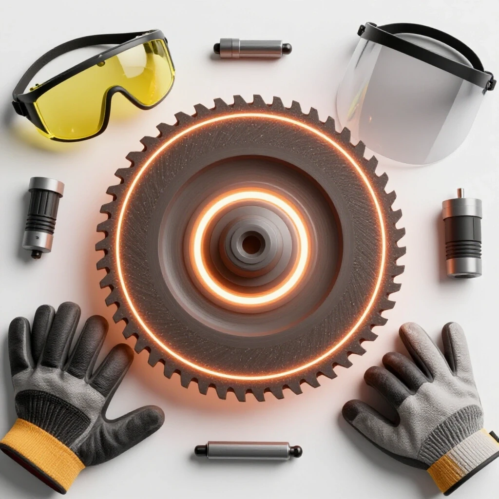 A glowing grinding wheel surrounded by safety goggles, gloves, and a face shield highlighting essential safety gear for grinding.